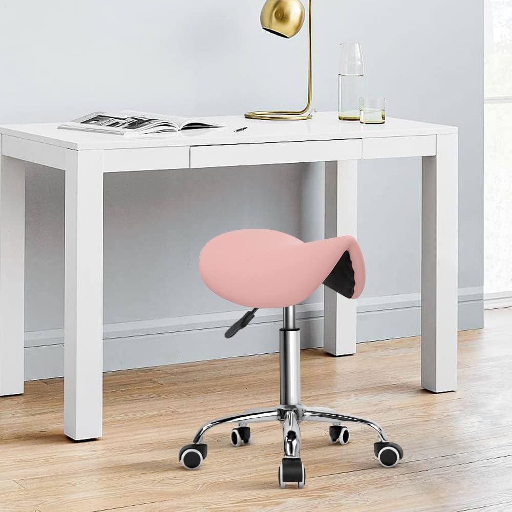 KKTONER Rolling Saddle Stool PU Leather Swivel Adjustable Rolling Stool with ...