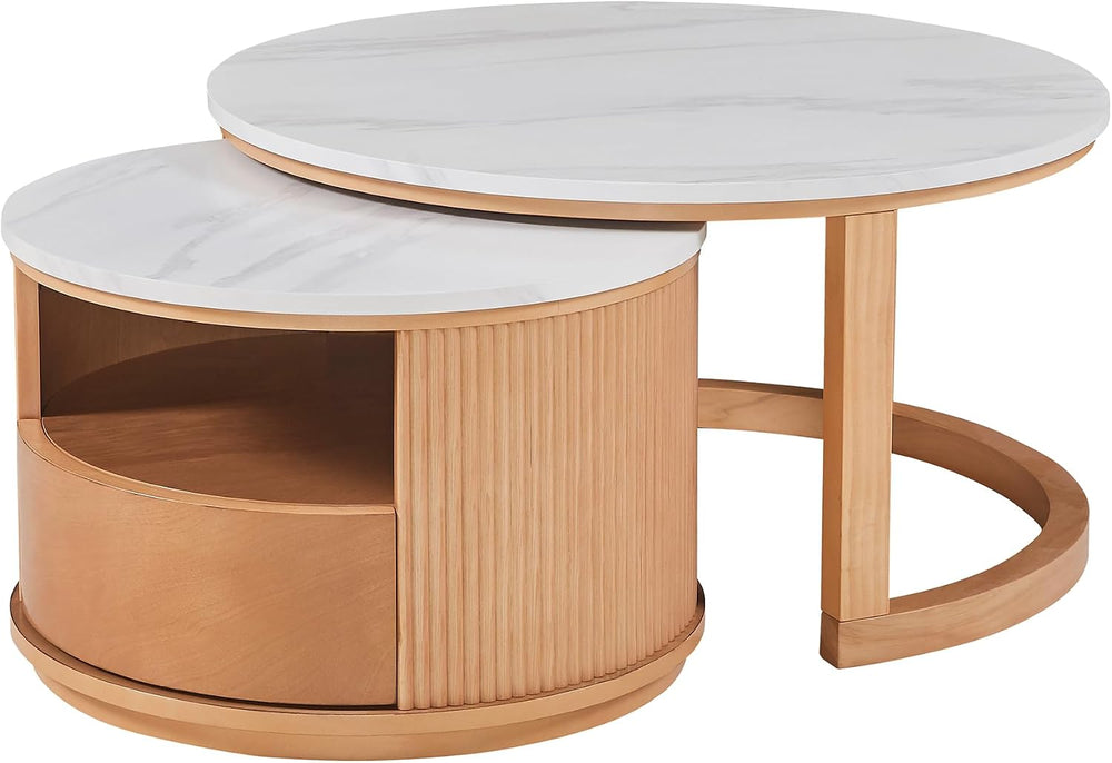 49'' Round Nesting Coffee Table with Drawer, Modern 2-Tier Wood Coffe...