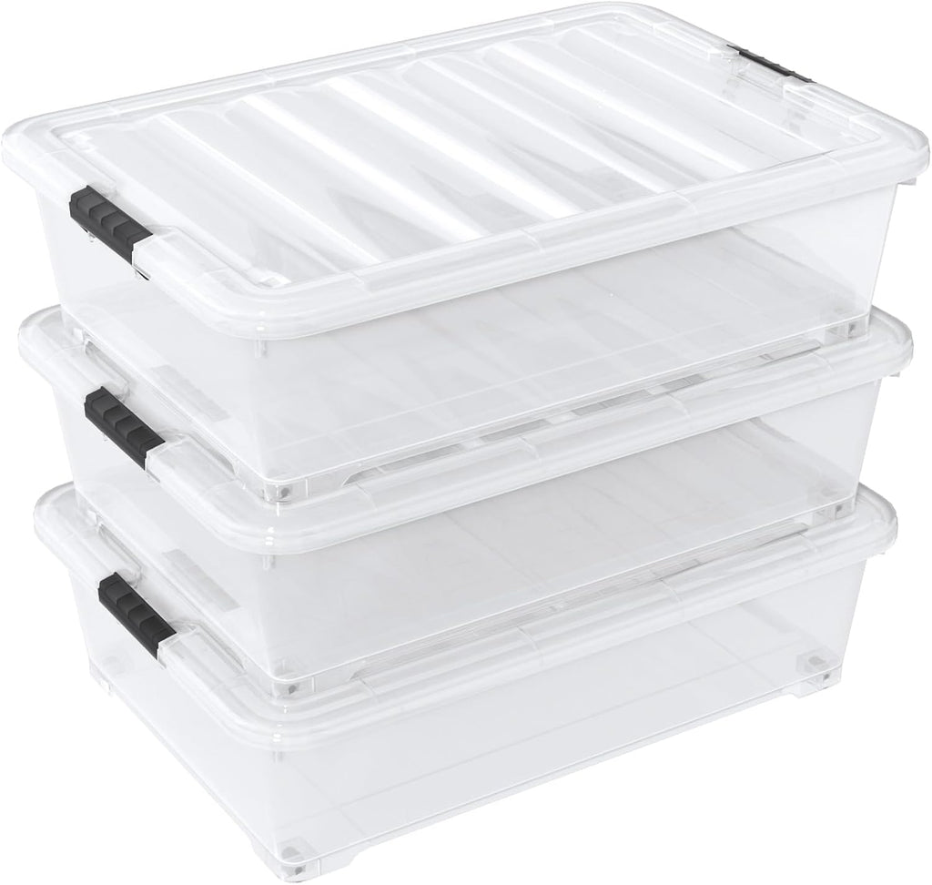 3 Packs 50 Liter Under Bed Storage Container with Wheels, Plastic Clear Under the Bed Organizer Bins with Lids