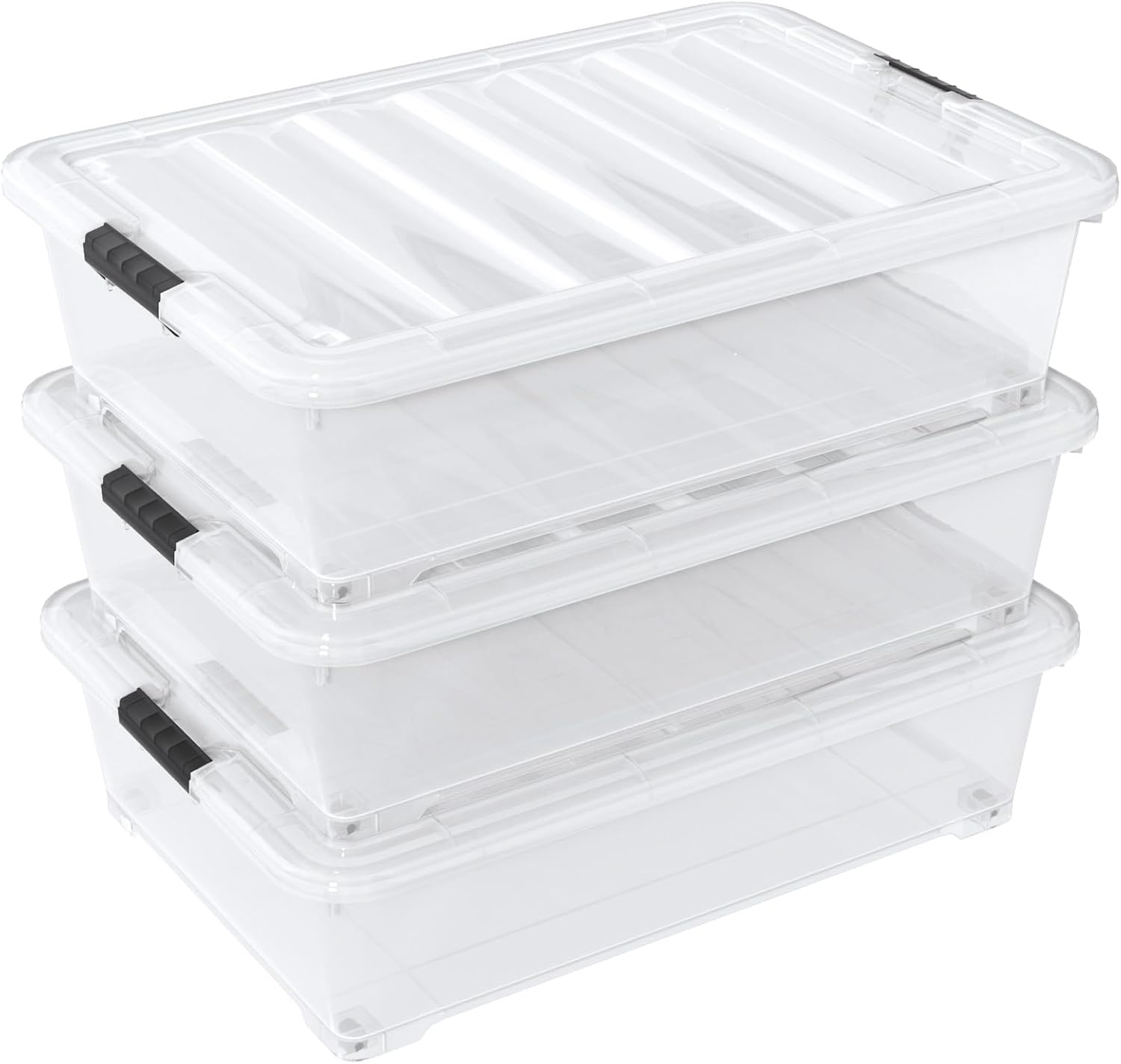3 Packs 50 Liter Under Bed Storage Container with Wheels, Plastic Clear Under the Bed Organizer Bins with Lids
