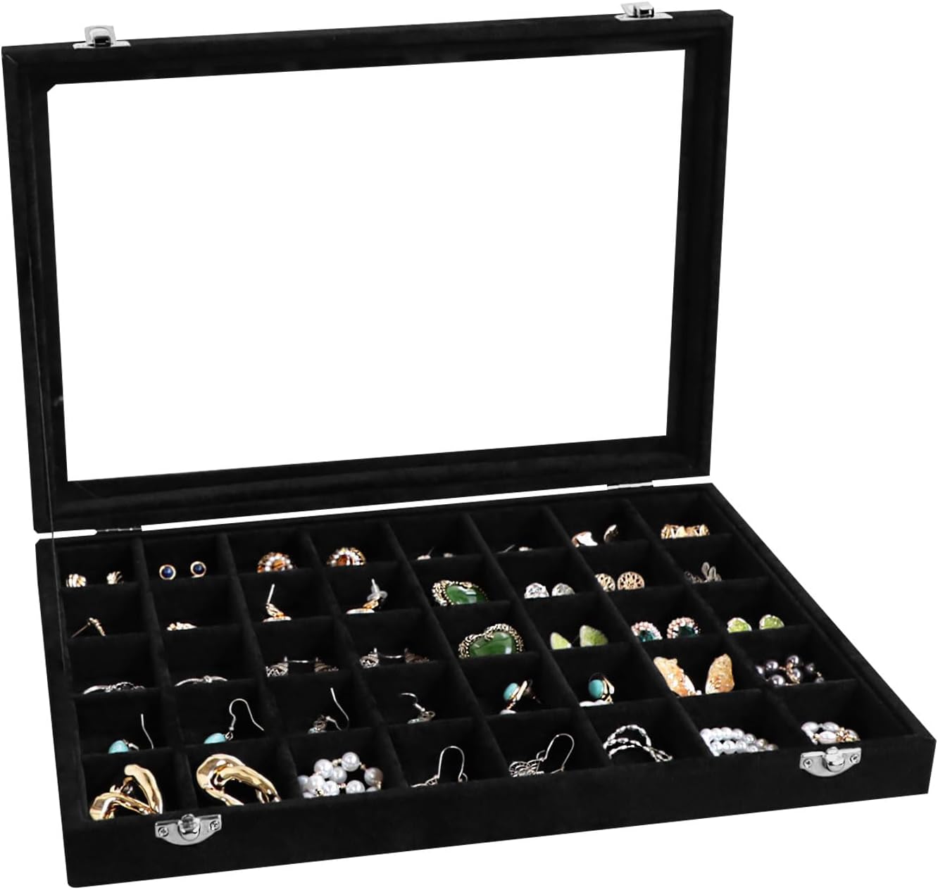 Wudygirl 40 Grid Jewelry Organizer Tray for Earrings Rings Bracelets Storage Necklaces Display Large Jewelry Box with Clear Lid Multiple Compartments Drawer Organization (Black Velvet)