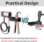 Hair Dryer Holder Wall Mounted, Stainless Steel Blow Dryer Holder for Bathroom, Hair Dryer and Straightener Holder Adhesive or Drilling, Hair Tool Organizer for Salon Barber Shops Black BANJEKT