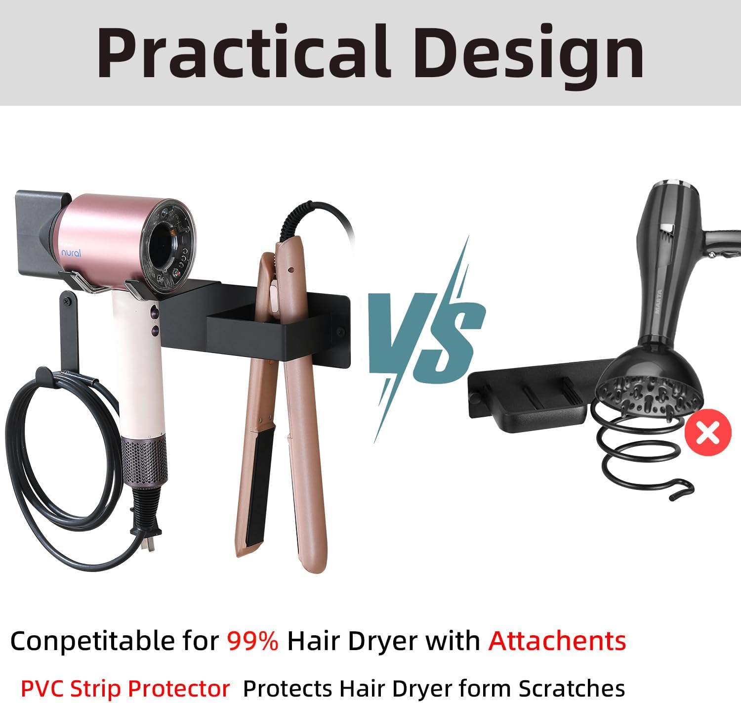 Hair Dryer Holder Wall Mounted, Stainless Steel Blow Dryer Holder for Bathroom, Hair Dryer and Straightener Holder Adhesive or Drilling, Hair Tool Organizer for Salon Barber Shops Black BANJEKT