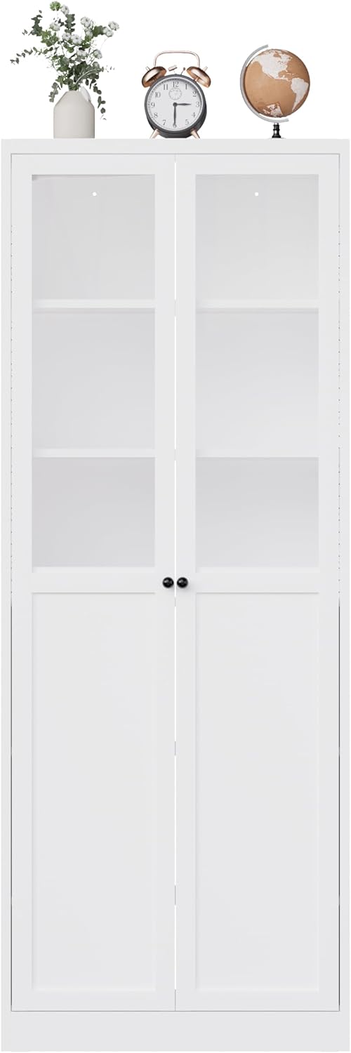 72" White Storage Cabinet Metal Kitchen Pantry Cabinet with Glass Doors ...