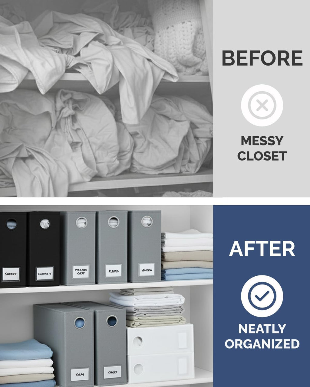 4 Pack Sheet Organizers - Foldable Sheets Set Organizer - King/Queen - Grey | Storage Organizer for Linen Closet, Folder Keeper with Window XL, Blanket, Duvet & Pillowcases Dustproof Bedding Container