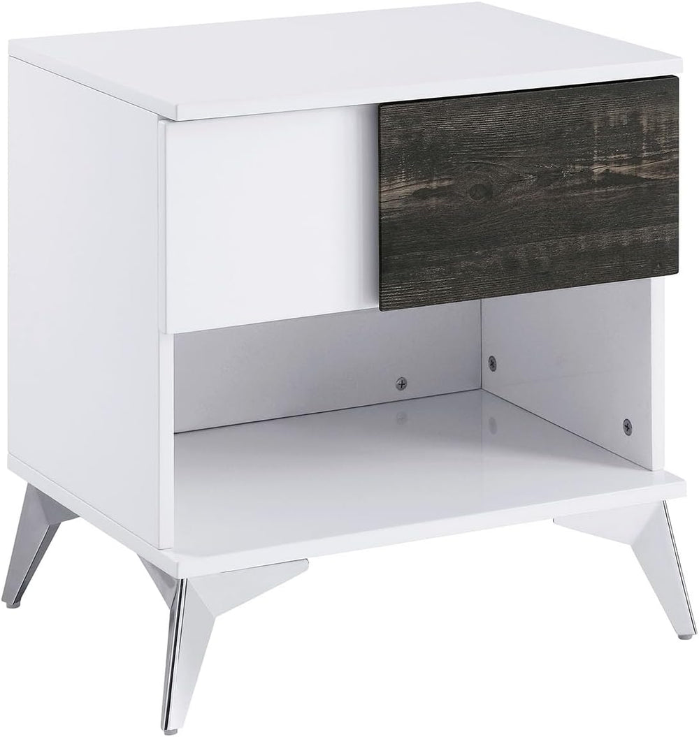 End Table White and Oak Open Shelf Drawer Steel Legs Two Tone High Gloss Wood...