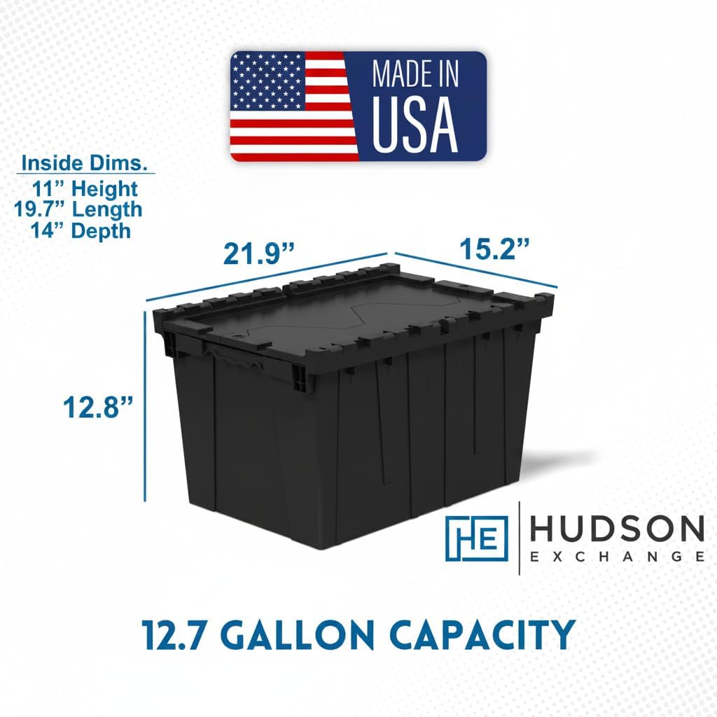 Hudson Exchange 21.9 x 15.2 x 12.8” (3 Pack) Storage Tote Distribution Container with Hinged Attached Lid, Black
