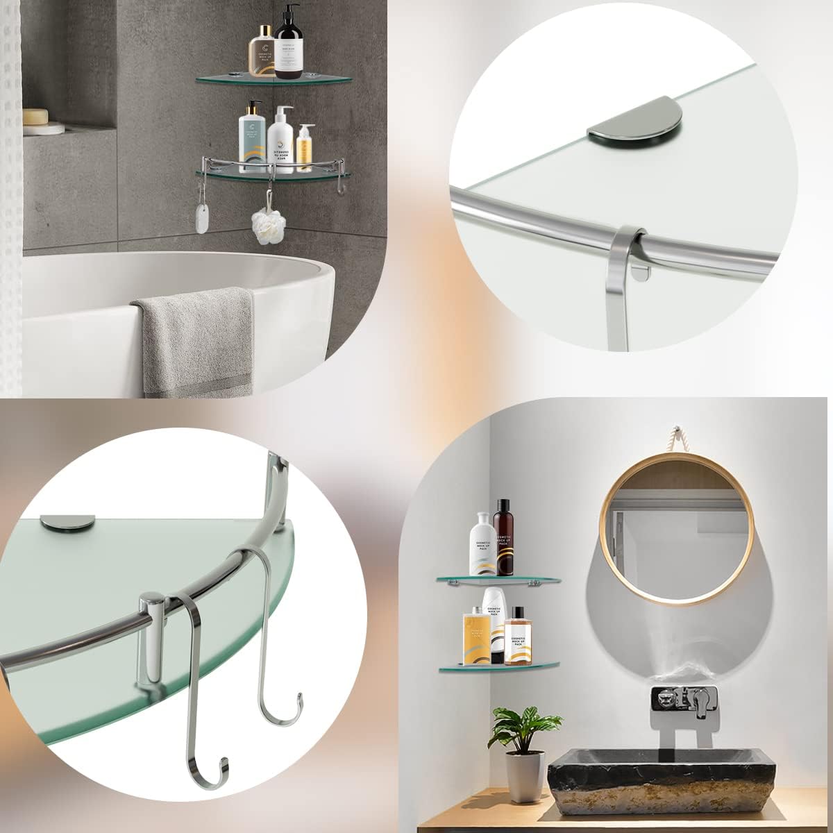 HouseMila Glass Shower Shelves - 3 Tier Corner Shelf with 3 Hangers, Drill Hole Glass Shelves for Bathroom Organizer