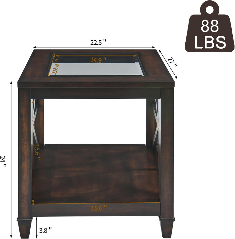2-Tier Solid Wood End Table with Tempered Glass, Square Wooden Sofa Side Tabl...