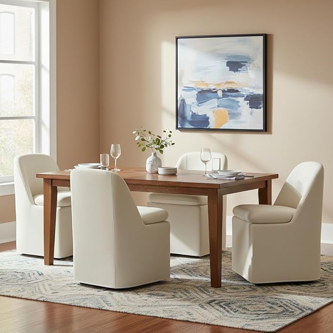 Upholstered Dining Chairs with Casters, Washable Cover Modern Dining Room Cha...