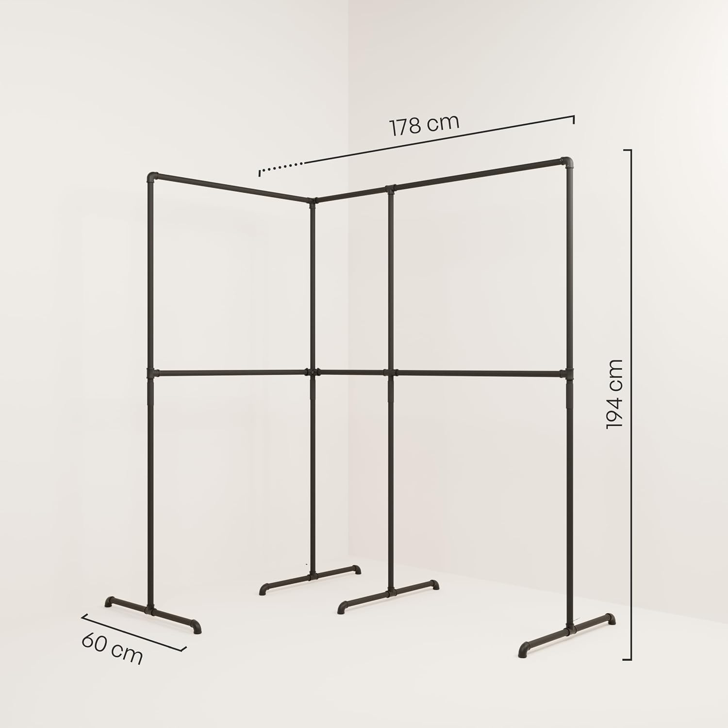 pamo Industrial Design garment rack - LAS EDGE 2.5 Black - freestanding Coat Rack for Walk-In Wardrobe Wall I Clothes Rack Made of Black Sturdy Pipes freestanding from Water Pipe