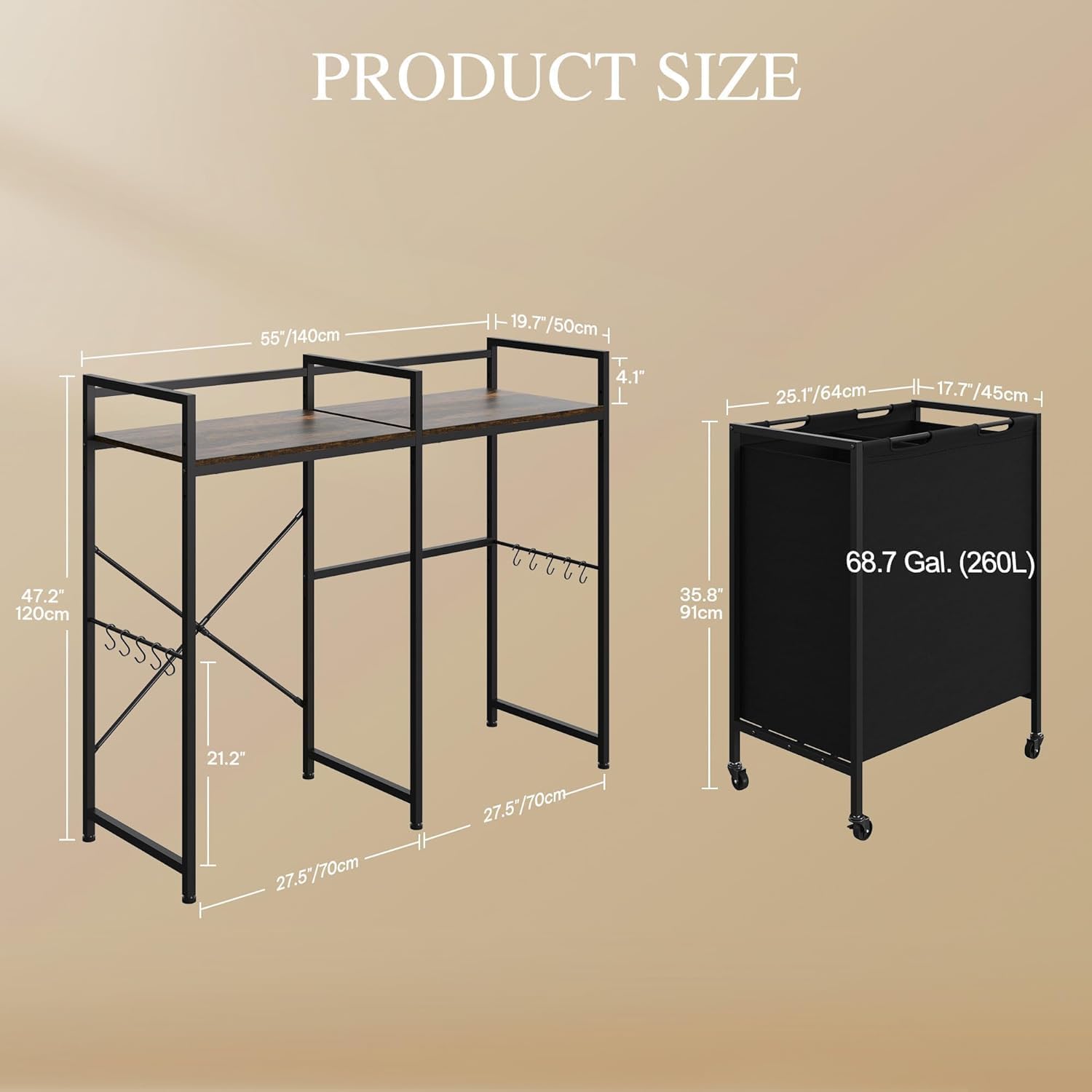 YITAHOME Kitchen Microwave Stand Bakers Rack with Shelf, 55" Large Kitchen Storage Shelf with Rolling Wheeled Storage Baskets/Hooks, Coffee Bar Table Station with Dining Room, Retro Brown