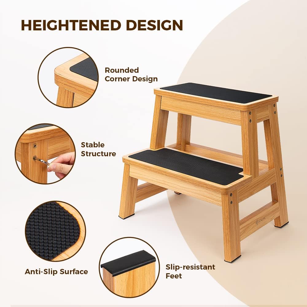 StrongTek Wood 2 Step Stool for Adults, 17.5 in, 500 lb, Non-Slip | Wide Non-...