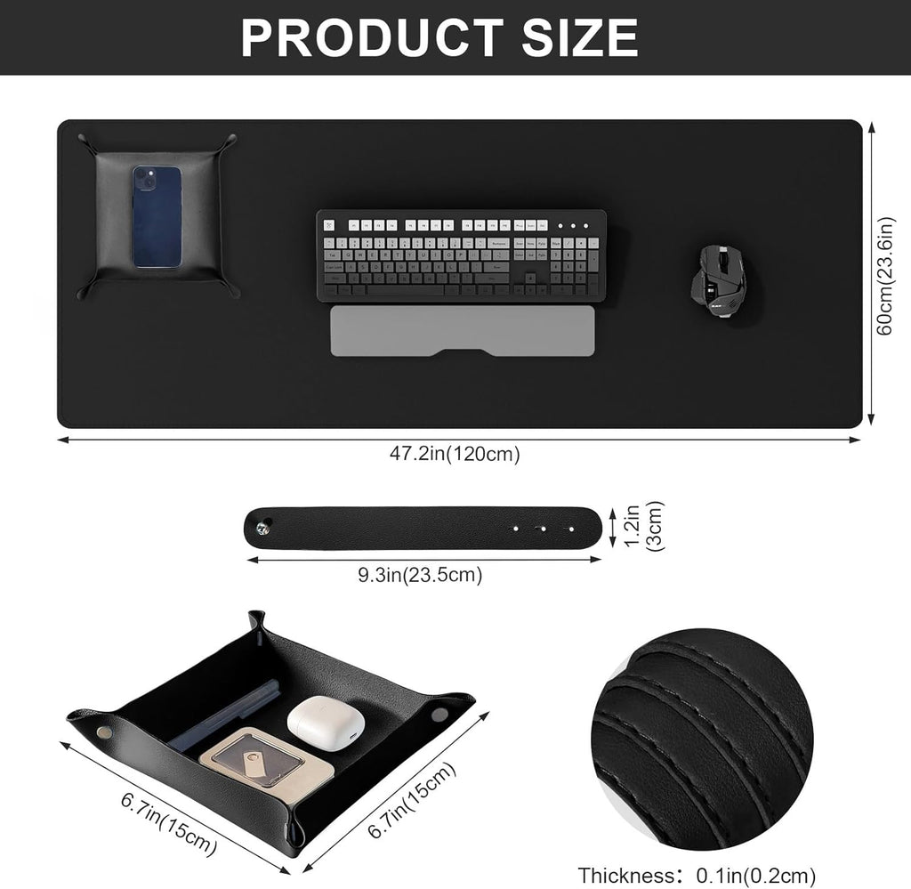 DAWNTREES Dual Sided Desk Mat,Black Leather Desk Pad,47.2''x23.6'',Cork Desk Mat Protector,120x60cm Extra Large Mouse Pad,with PU Leather Valet Tray Organizer,Desk Writing Pad for Office and Home