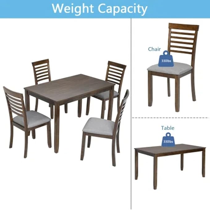 5-Piecern Dining Table Set, Kitchen Set with One Rectangular Table and 4 Upholstered Chairs, Living Room Chairs with Ladder Backrest and Comfortable Seat Cushion, Walnut