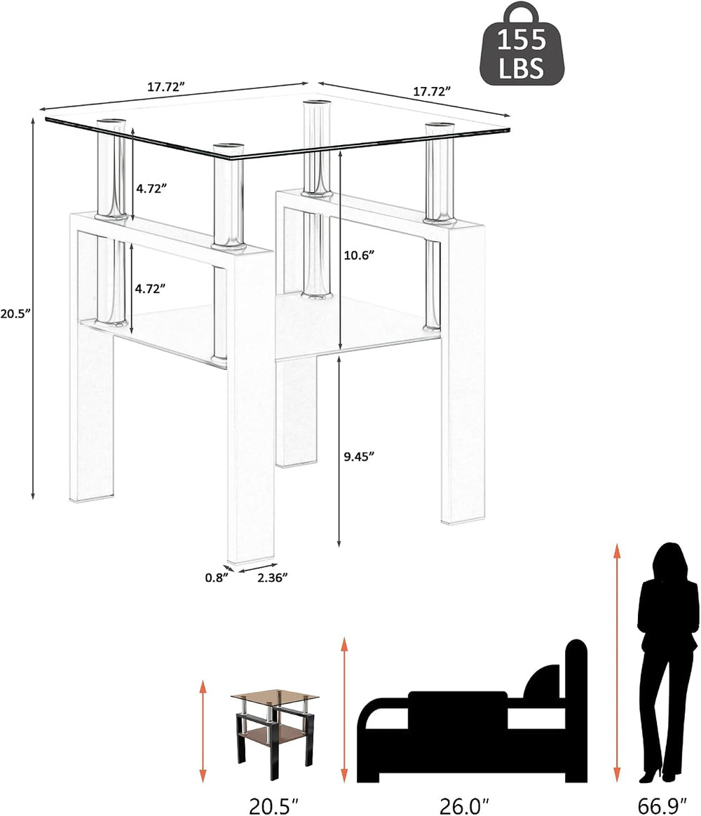 17.72'' Glass Side Table Set of 2, 2 Tier Couch End Table with Temper...