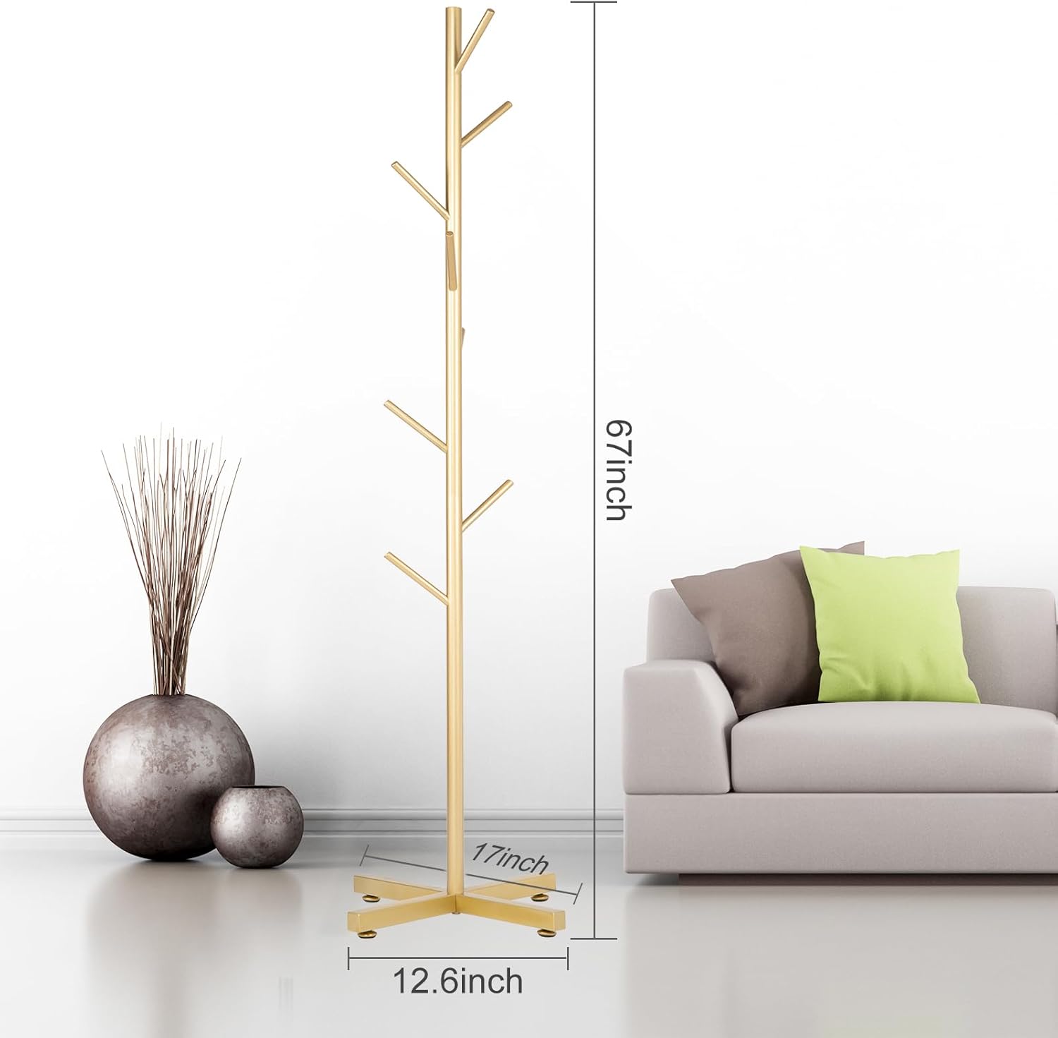Snaikor Metal Coat Rack, Modern Coat Rack Freestanding, Sturdy Coat Tree Stand with Cross Base, Golden Coat Racks Hall Tree for Clothes Jacket Hat Bag Entryway