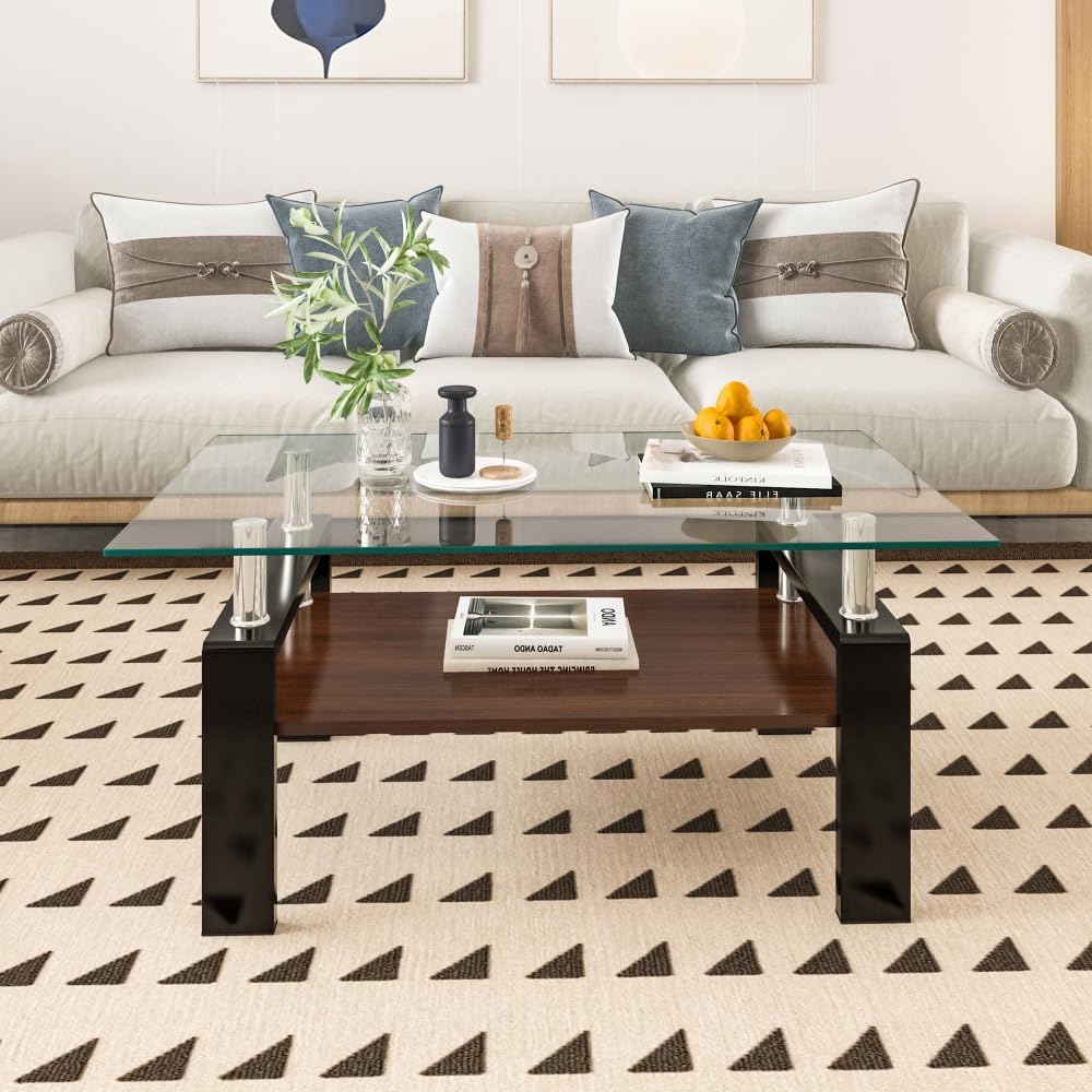 Rectangle Coffee Table, Tempered Glass Tabletop with MDF Layer, Modern Table ...