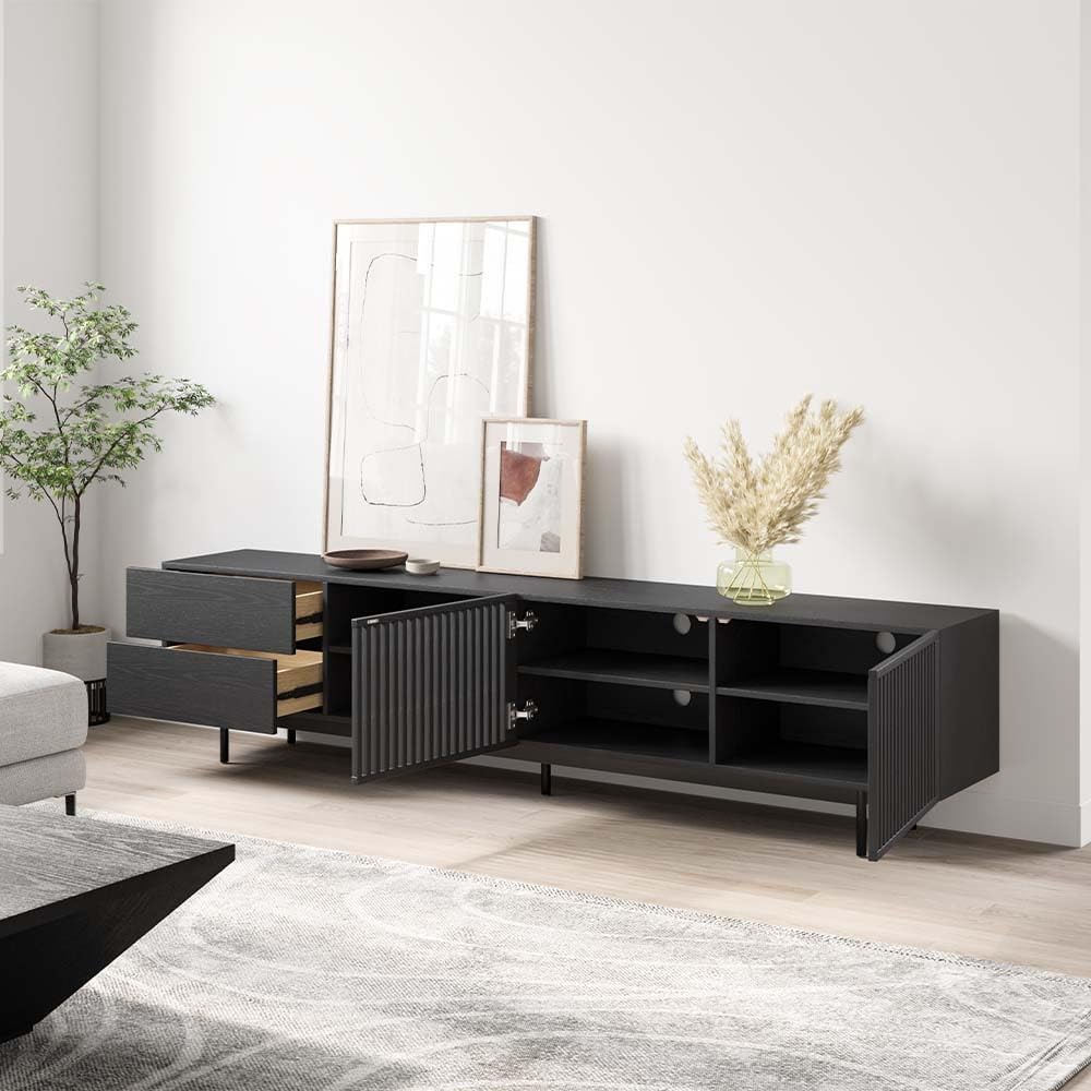 POVISON Mid Century Modern TV Stand, 94.49" Black Solid Wood Media Conso...