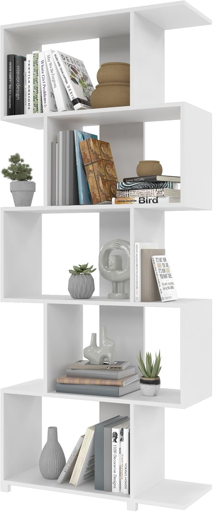 Manhattan Comfort Petrolina Bookshelf with 5 Zig-Zag Cubbies & Open Shelves, Unique Mid Century Modern Bookcase, Ideal for Living Room, Office, Bedroom, Display Ornaments, Trophies, Photos, White