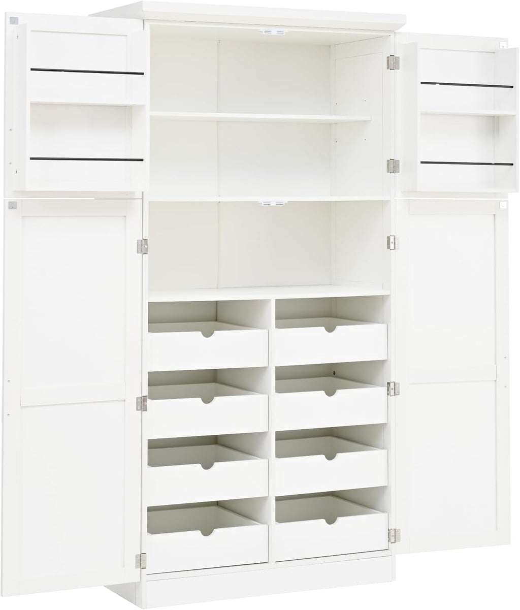 SOFTSEA Tall Kitchen Pantry Cabinet for Dining Room, Kitchen Hutch with 8 Pull-Out Trays, Freestanding Storage Cabinet with Adjustable Shelves and 2 Door Shelves, 35.5x17.6x70.9 Inch, White