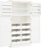 SOFTSEA Tall Kitchen Pantry Cabinet for Dining Room, Kitchen Hutch with 8 Pull-Out Trays, Freestanding Storage Cabinet with Adjustable Shelves and 2 Door Shelves, 35.5x17.6x70.9 Inch, White