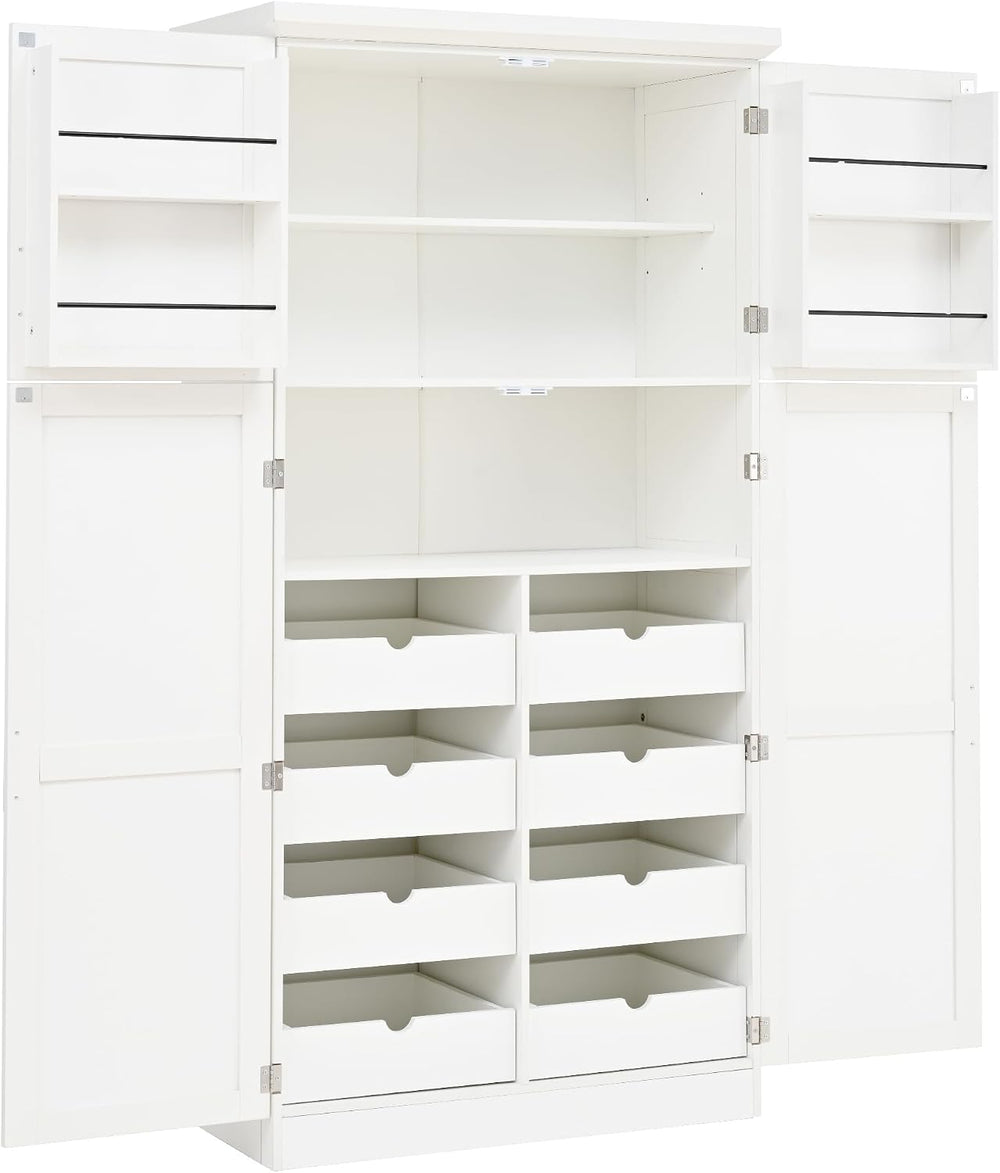 Freestanding Tall Kitchen Pantry Cabinet with 4 Doors and 2 Door Shelves,8 Pu...