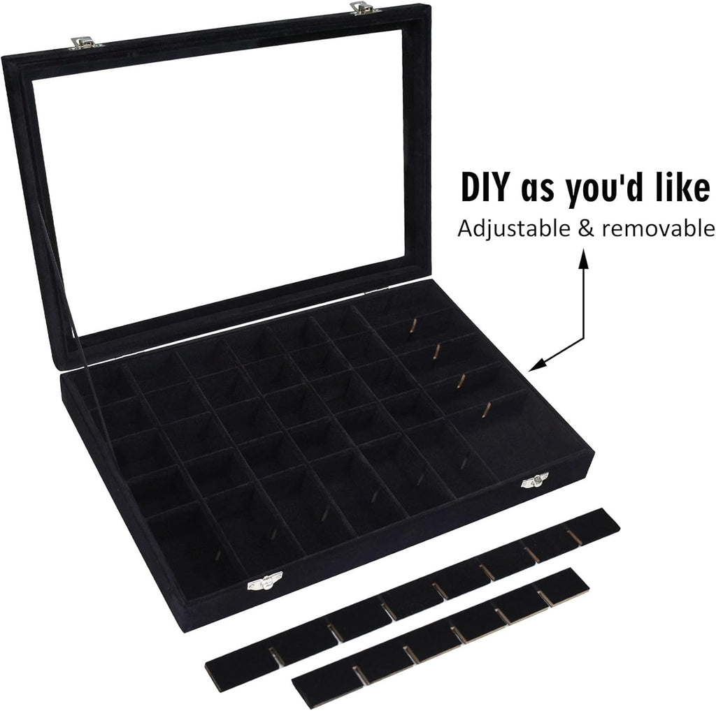 Velvet Jewelry Tray 48 Grid Jewelry Display Tray Organizer Box with Transparent Lid Rings Earrings Necklaces Pendants Display Box Suitable for Women and Girls (Black)