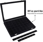 Velvet Jewelry Tray 48 Grid Jewelry Display Tray Organizer Box with Transparent Lid Rings Earrings Necklaces Pendants Display Box Suitable for Women and Girls (Black)