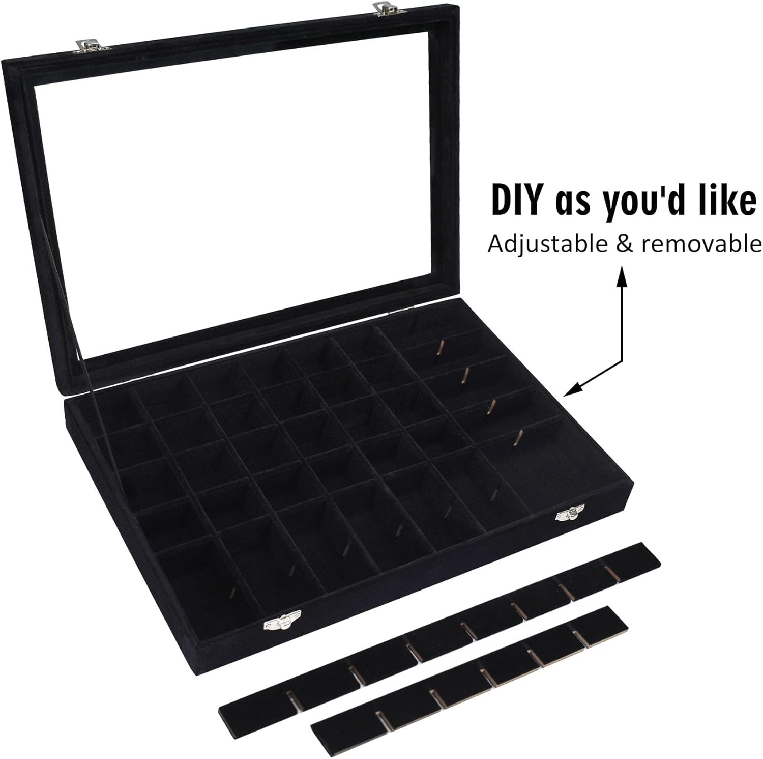 Velvet Jewelry Tray 48 Grid Jewelry Display Tray Organizer Box with Transparent Lid Rings Earrings Necklaces Pendants Display Box Suitable for Women and Girls (Black)