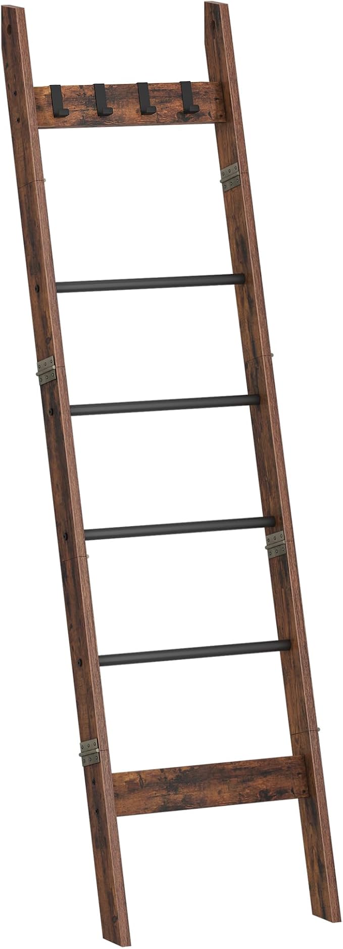 Blanket Ladder for Living Room, Decorative Quilt Rack with 4 Removable Hooks, 5-Tier Farmhouse Ladder Holder Shelf Organizer for Bedroom, Rustic Brown and Black BR31501B
