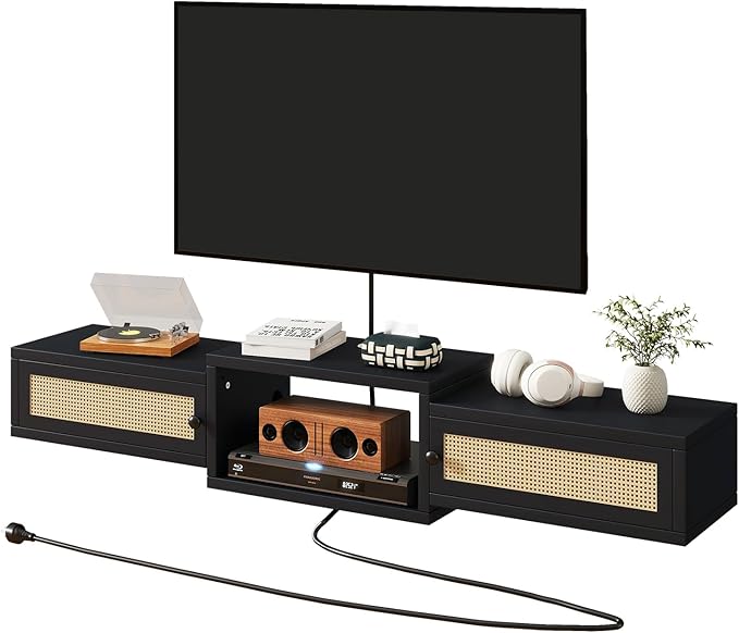 IBUYKE Modern Rattan Floating TV Stand with Doors,Wall Mounted TV Shelf for T...