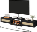 IBUYKE Modern Rattan Floating TV Stand with Doors,Wall Mounted TV Shelf for TVs up to 55 Inches,Media Console Entertainment Center for Under TV Storage Cabinet for Living Room Bedroom,Black UWST012B