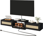 IBUYKE Modern Rattan Floating TV Stand with Doors,Wall Mounted TV Shelf for TVs up to 55 Inches,Media Console Entertainment Center for Under TV Storage Cabinet for Living Room Bedroom,Black UWST012B
