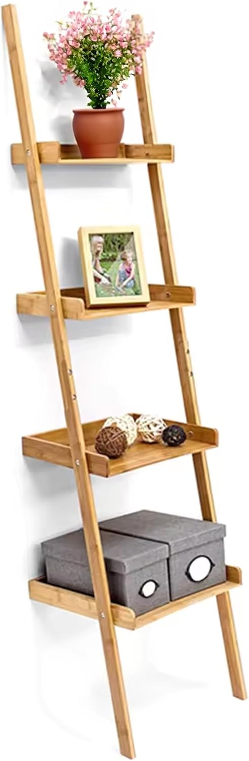 RoyalHouse Bamboo 4-Tier Ladder Shelf, Free Standing Storage Shelves, Plants Stand Display Shelf, Perfect Multi-Functional Book Shelf and Storage Rack for Living Room, Bedroom, Office