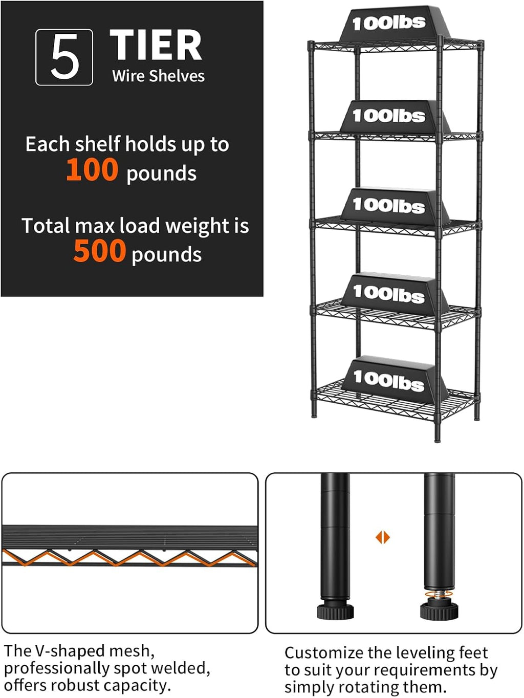 SINGAYE Shelf Wire Shelving Adjustable Storage Shelves Rack Standing Units for Kitchen Closet Laundry Bathroom Organizers Metal Pantry Narrow Mesh Gaps 12" D x 22" W x 59" H Black