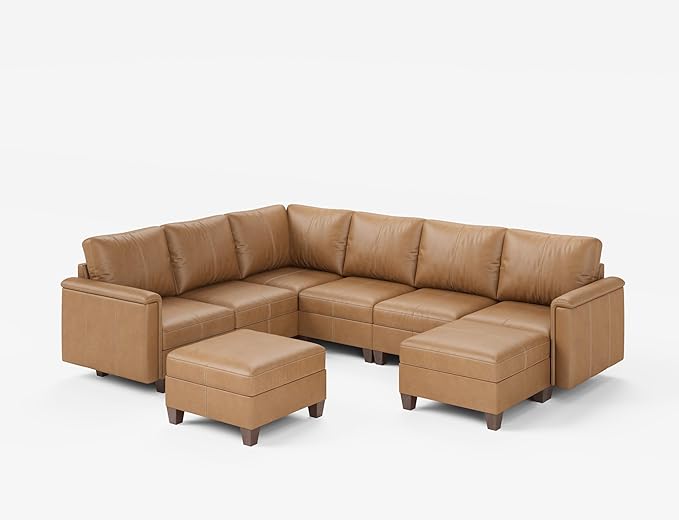 SITJOY 118" Faux Leather Modular Sectional Sofa with Storage, Mid Century Modern Sectional Couches for Living Room, 6 Seater V Shaped Couch with Chaise, Brown