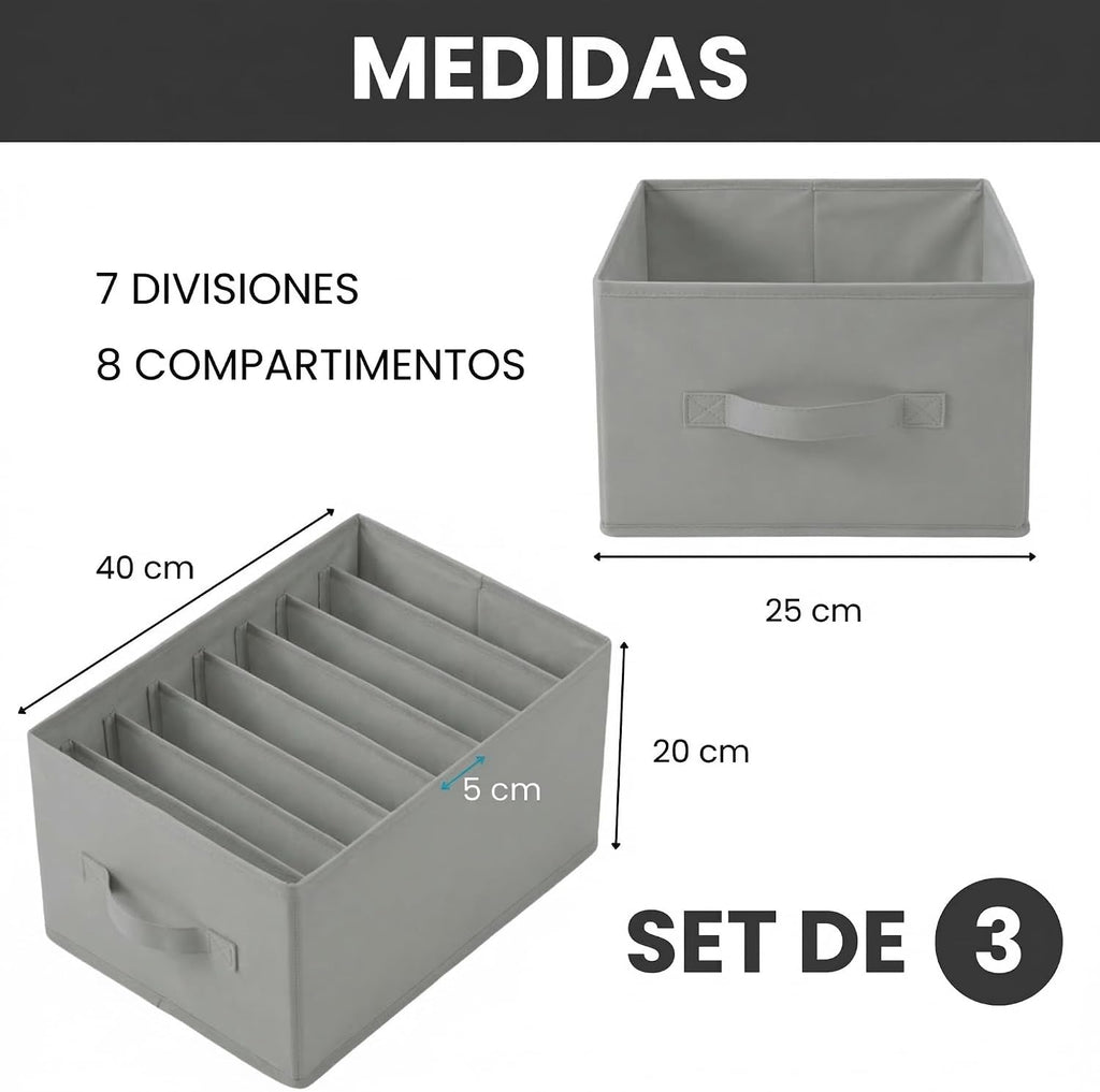 Wardrobe Organiser with Compartments for Clothes - Drawer Organiser for Wardrobe, Underwear, Socks and T-Shirts - Foldable Storage Box (3 Units - 8 Compartments - Light Grey)