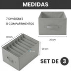 Wardrobe Organiser with Compartments for Clothes - Drawer Organiser for Wardrobe, Underwear, Socks and T-Shirts - Foldable Storage Box (3 Units - 8 Compartments - Light Grey)
