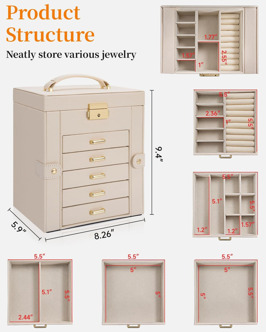 TORIBIO Large Jewelry Box for Women, Leather Jewelry Organizer with Mirror & Lock, 6-Tier Jewelry Storage Case for Girls/Women/Mothers, Necklace Earring Bracelets Holder Organizer