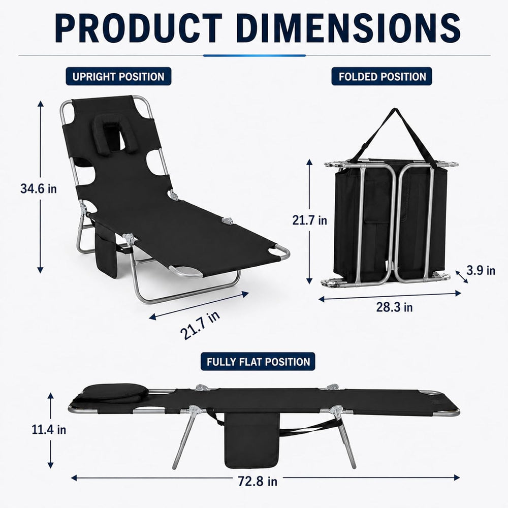 Tanning Chair, Folding Beach Lounge Chair with Face Hole and Arm Slots, 5-Pos...