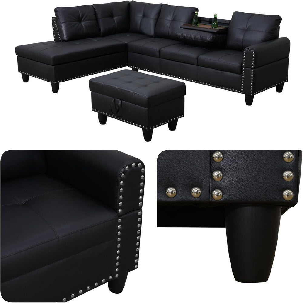Leather L-Shaped Couch Set, 97.5"L x 69.5"W Sectional Sofas Black |...