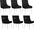Velvet Dining Chairs Set of 6 with Silver Metal Legs, Modern Upholstered Kitchen Chair with Pull Handle & Pleated Back, Mid Century Accent Chair for Vanity,Dining,Kitchen,Living Room, Black