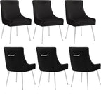 Velvet Dining Chairs Set of 6 with Silver Metal Legs, Modern Upholstered Kitchen Chair with Pull Handle & Pleated Back, Mid Century Accent Chair for Vanity,Dining,Kitchen,Living Room, Black