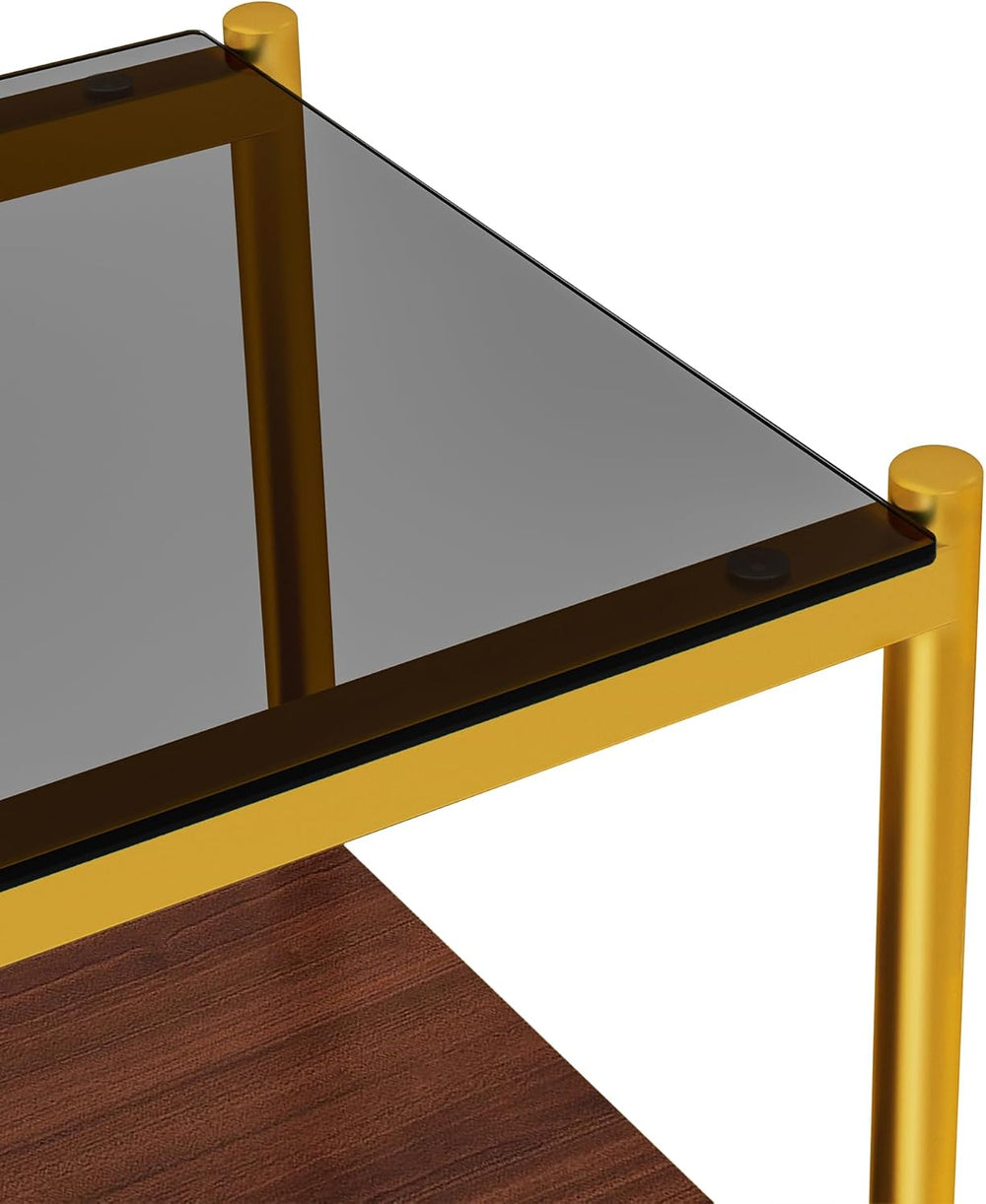 End Table Set of 2, Tempered Glass Side Tables Set with Wooden Storage Shelf,...