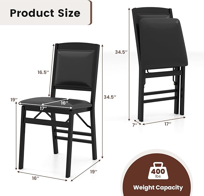 Giantex Folding Dining Chairs Set of 2, Black Wood Kitchen Chair w/Padded Seat, Solid Wood Frame, Max Load 400 Lbs, No Assembly, Easy to Store Foldable Wooden Dining Chairs for Apartment, Small Space