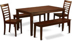 East West Furniture CAML5C-MAH-W 5 Piece Kitchen Table Set for 4 Includes a Rectangle Dining Room Table and 2 Dining Chairs with 2 Benches, 36x60 Inch, Mahogany