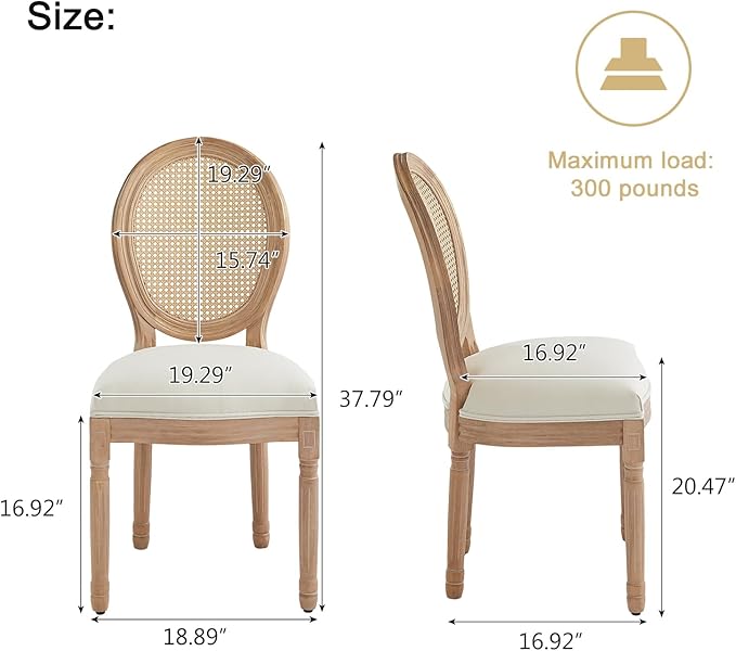 Nrizc Farmhouse Fabric Dining Room Chairs Set of 6, French Chairs with Round Back, Woven Rattan Dining Chair, Oval Side Chair for Dining Room/Kitchen/Restaurant