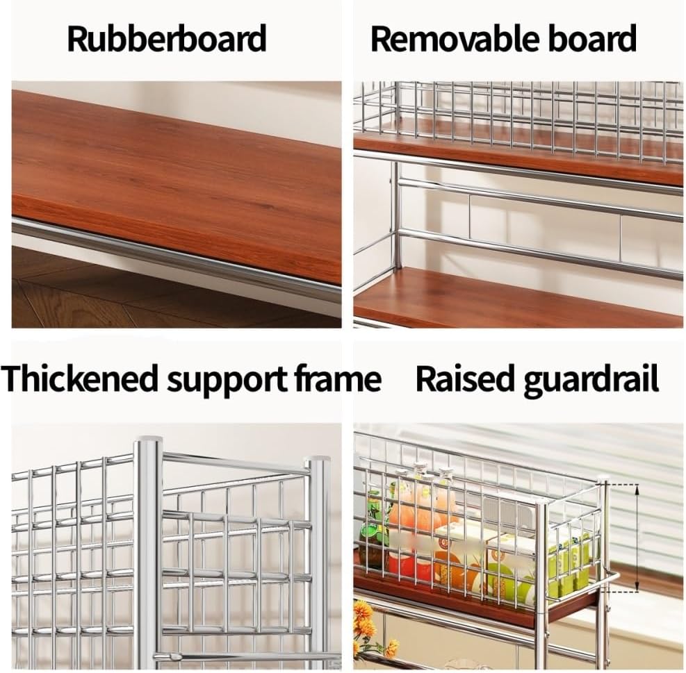 Slim Storage Cart with Wheels, 2 Tier Rolling Cart with Solid Wood Open Shelf, Space-Saving Snack Cart, Utility Cart for Kitchen, Bathroom, Living Room