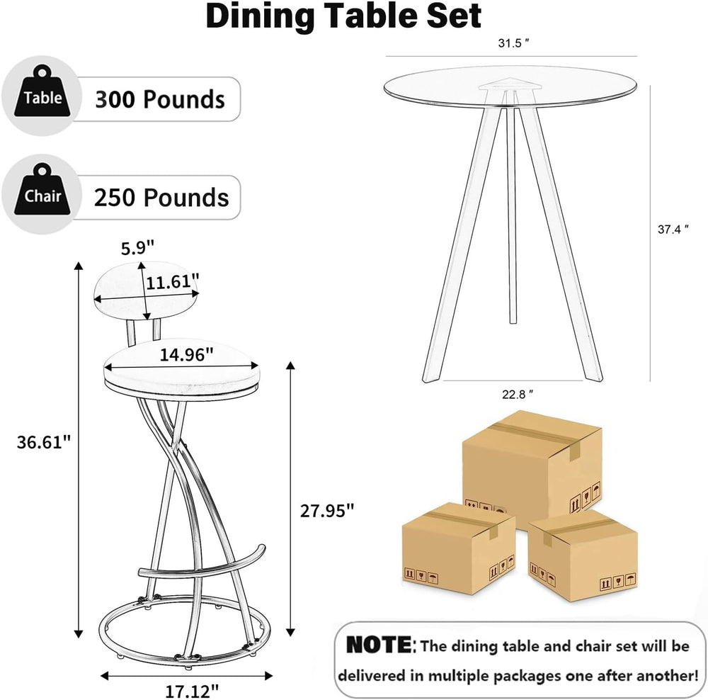 3 Piece Pub Dining Set, Modern Round Bar Table and Chairs for 2, 28" Cou...